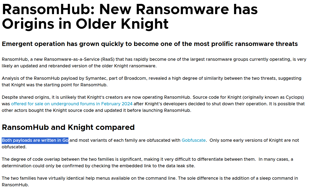Symantec (Broadcom) article titled "RansomHub: New Ransomware has Origins in Older Knight." Subtitle: "Emergent operation has grown quickly to become one of the most prolific ransomware threats." Text: "RansomHub is very likely an updated and rebranded version of the older Knight ransomware... Analysis revealed a high degree of similarity between the two threats, suggesting that Knight was the starting point for RansomHub... Both payloads are written in Go (highlighted in blue) and most variants are obfuscated with Gobfuscate."